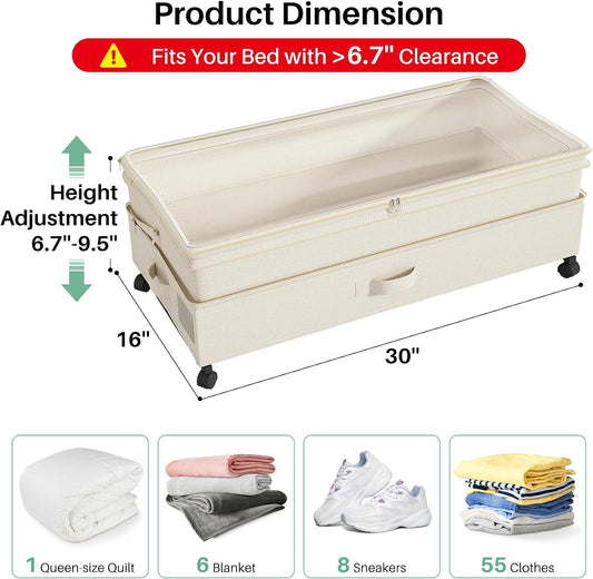 Kitstorack Under Bed Storage with Wheels 2Pack Height-adjustable Under Bed Storage Containers,Under Bed Shoe Storage Organizer with Clear Window&Label, Suitable for Clothes Storage, Gray