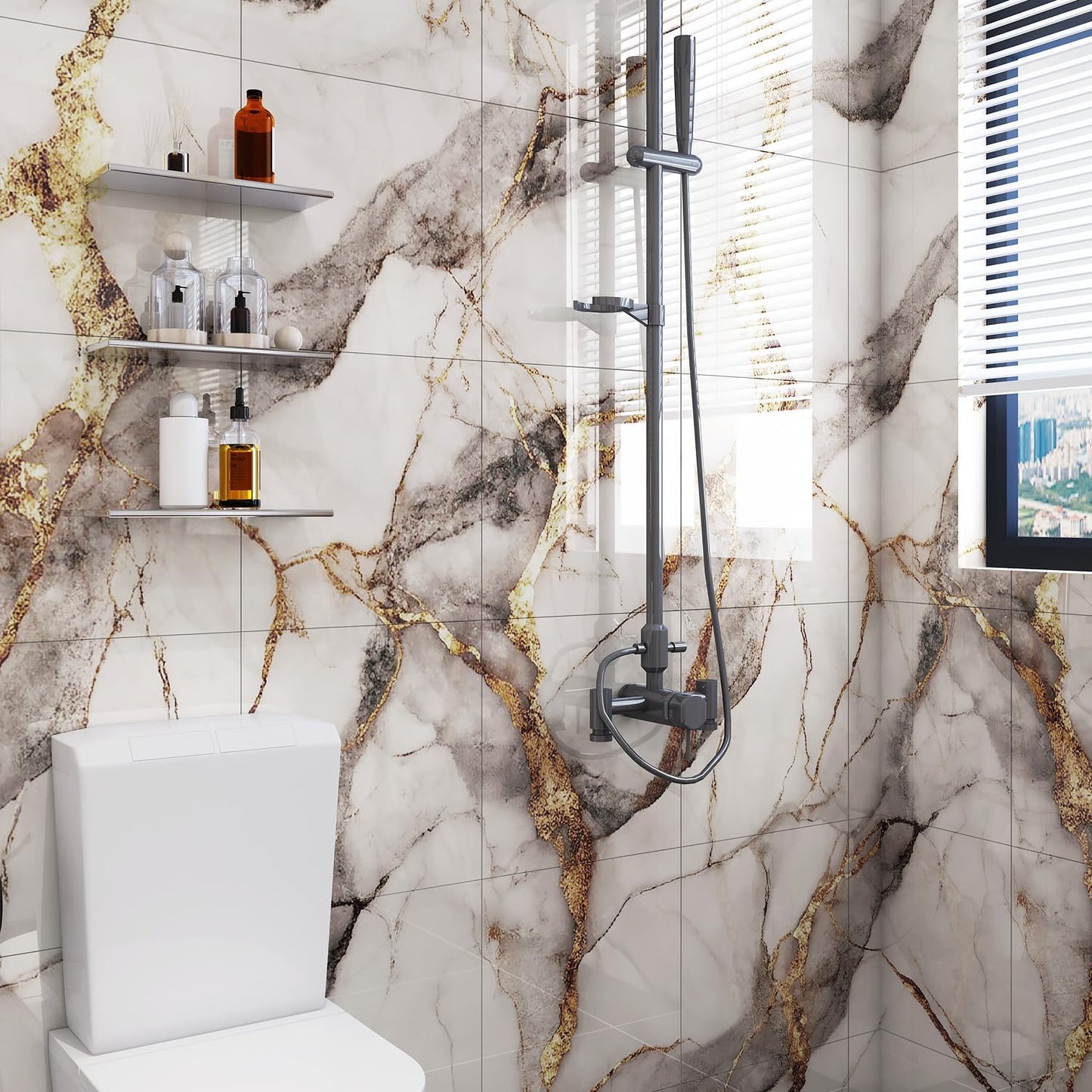 10pcs Peel and Stick Tile Shower Waterproof Marble Tiles Wall Panels, 11.8"x11.8" Self-Adhesive Backsplash Tile, PVC Wall Panels Shower Tiles for Home Bathroom, Kitchen, Living Room Blue