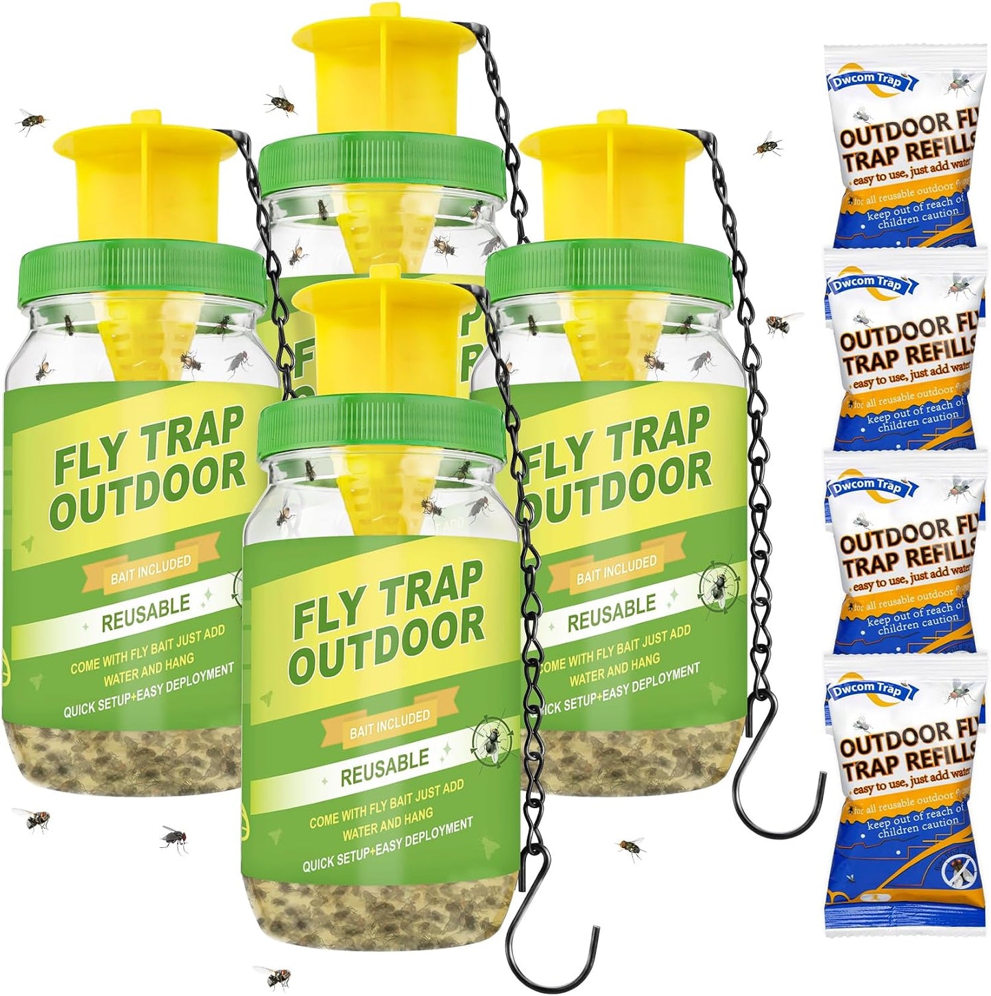 3 Pack Fly Traps Outdoor with 6 Natural Bait Refills | Reusable Hanging Fly Catcher for Patio, Garden, Orchard, Yard, Ranch and Horse Farm