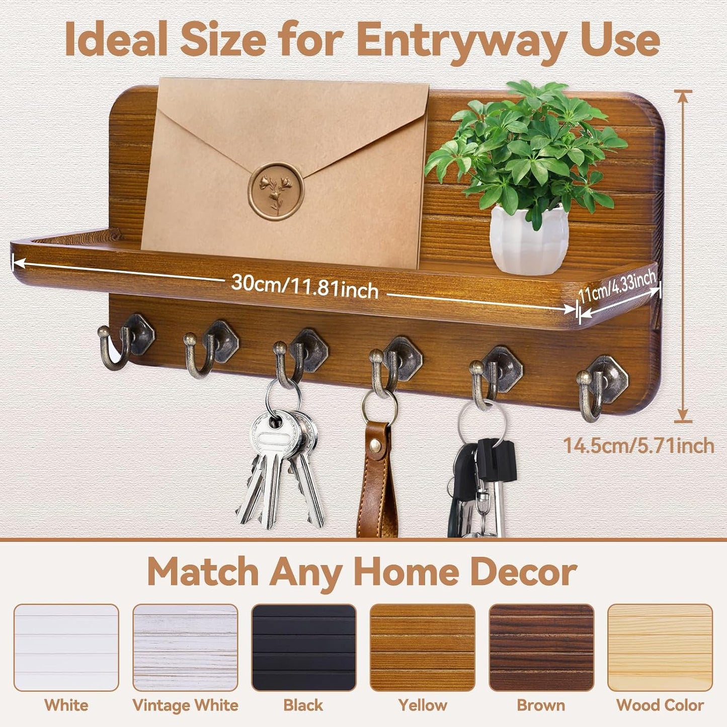 Key Holder for Wall, Mail Organizer Wall Mount with 6 Hooks Wooden Hanging Key Rack for Home Decor, Hallway, Entryway (Brown)