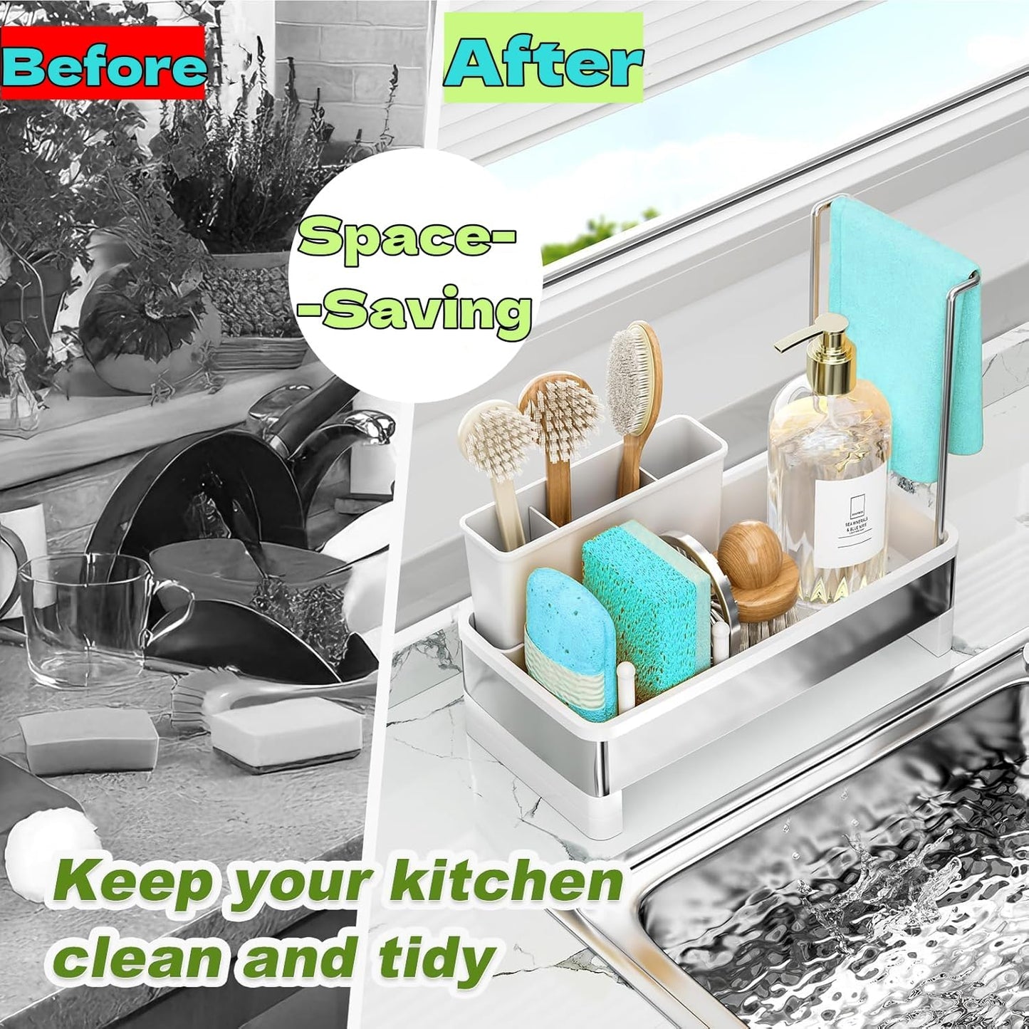 Sink Caddy Organizer, Kitchen Sponge Holder for Sink with Quick Drain Tray & Detachable Towel Rack, Sturdy Rustproof Kitchen Countertop Organizer for Sponge Soap Dispenser (White)