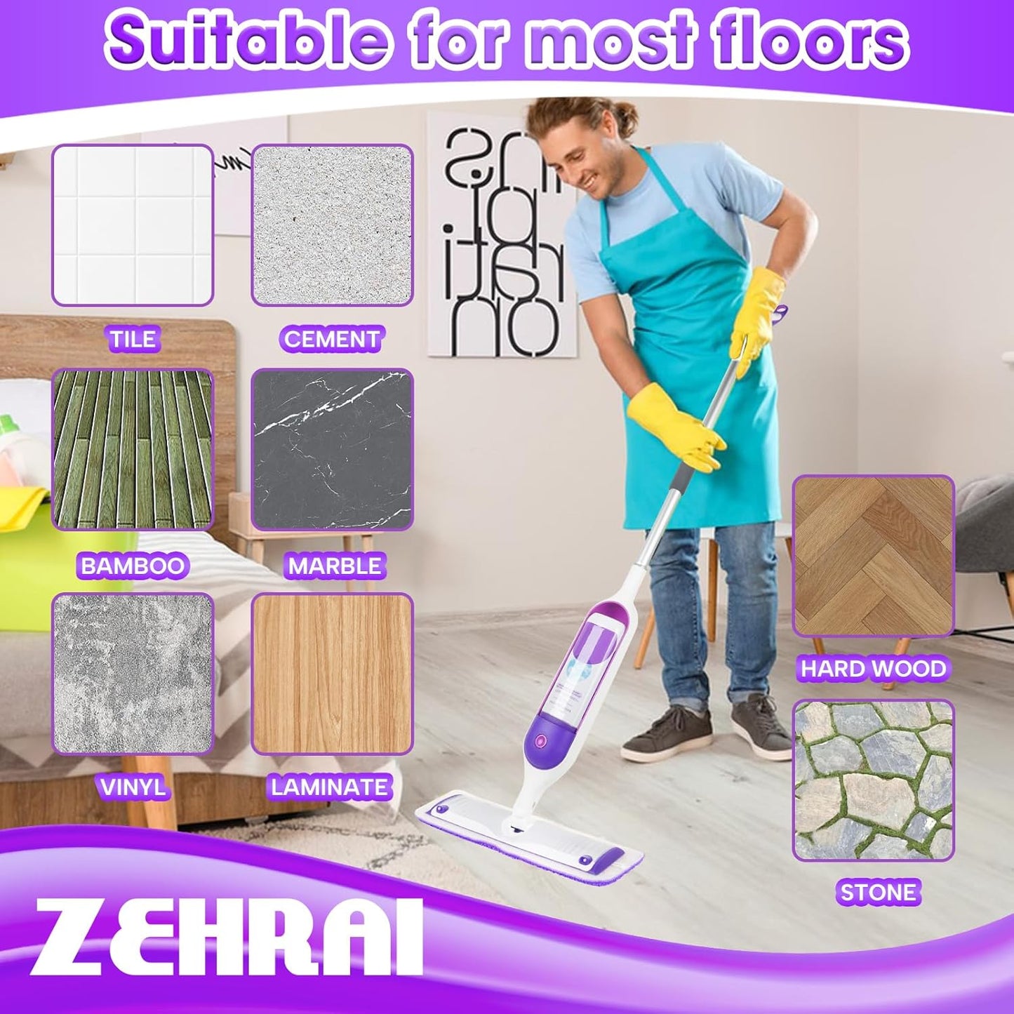 6 Pack Reusable Microfiber Mop Pads for Swiffer PowerMop, 13-16 Inch Spray Mop Replacement Refills, Machine Washable Wet Dry Pads for Hardwood Tile Multi-Surface Cleaning