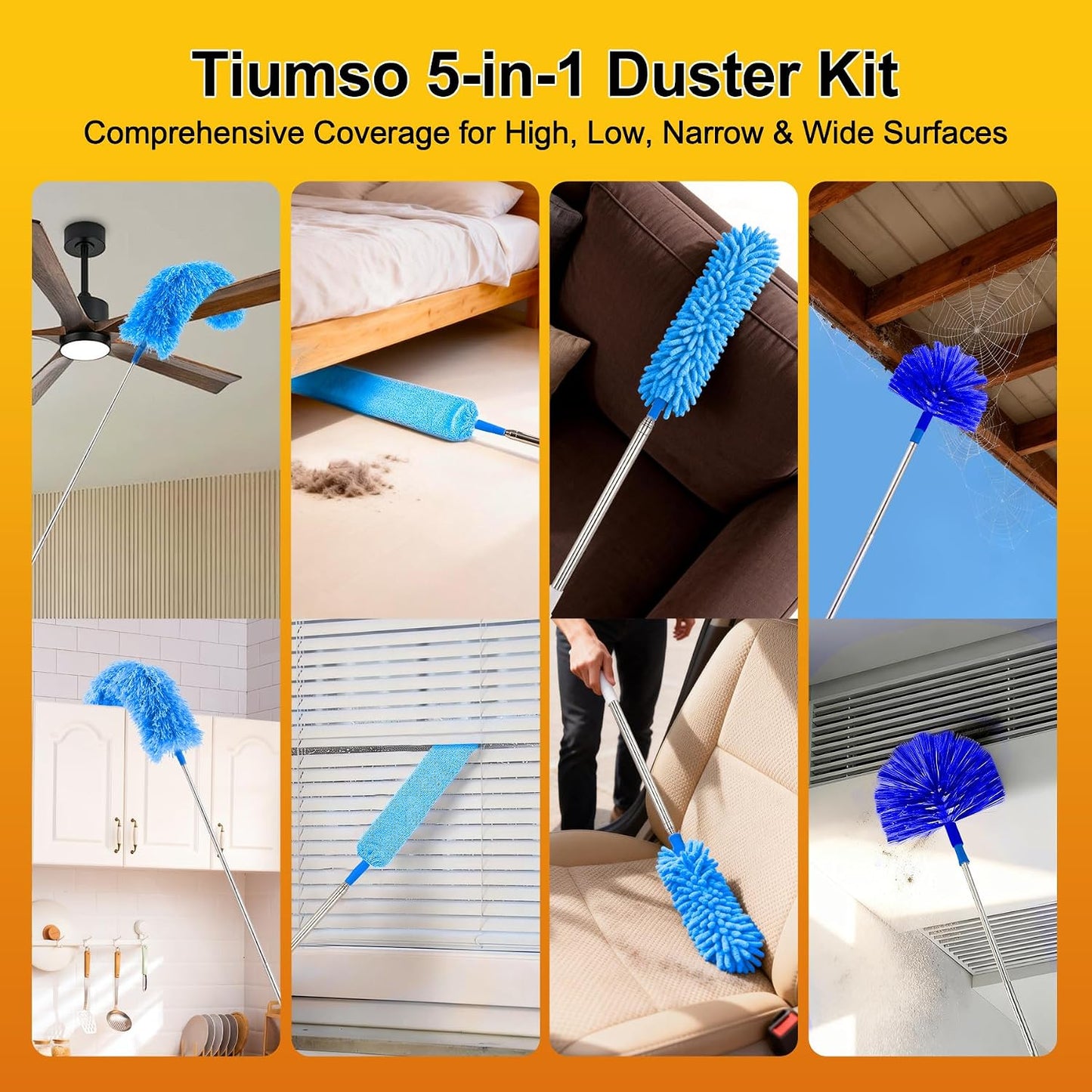 Tiumso Dusters for Cleaning,Microfiber Feather Duster 5-in-1 Kit, Duster with Extension Pole 100 Inches, Cobweb Duster, Microfiber Dusters for High Ceilings and Fans, Blinds and Cars