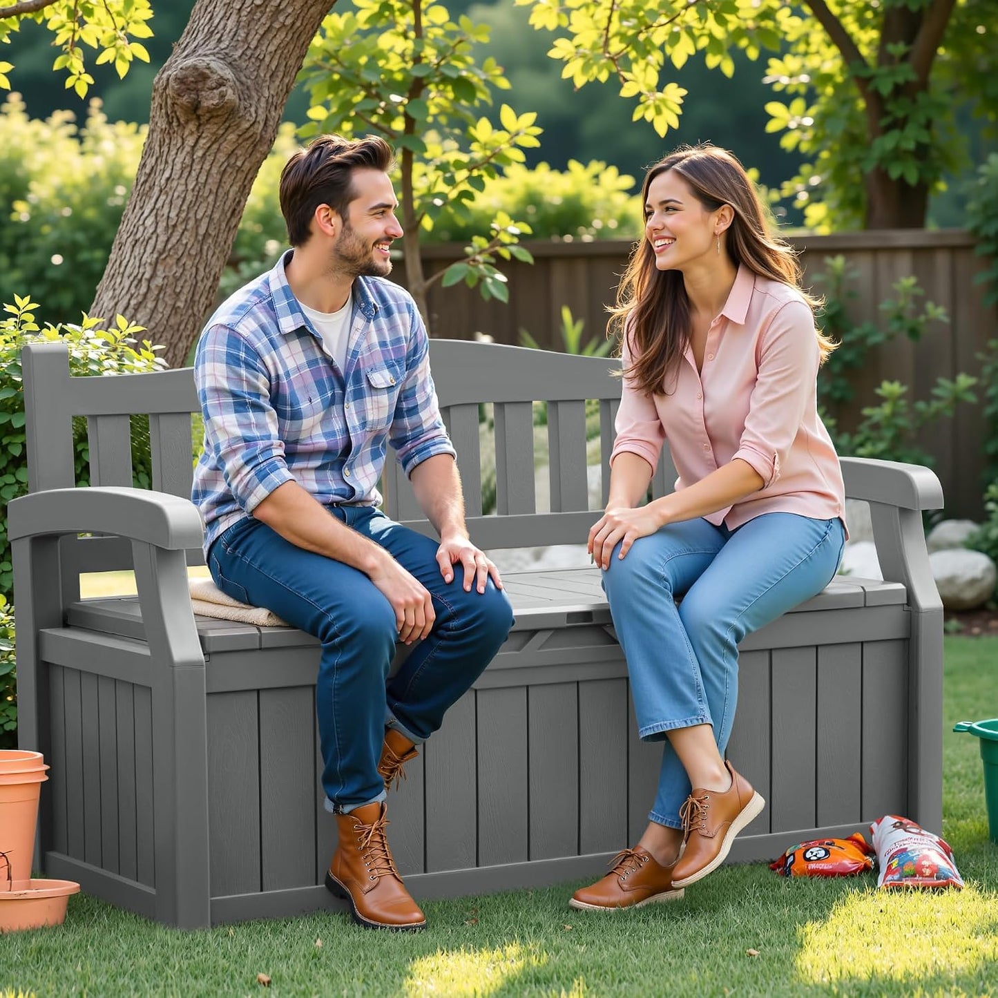Flamaker 80 Gallon Storage Bench Outdoor Indoor, Durable All-Weather Seating with Hidden Storage, Lockable Deck Box for Garden, Patio, Poolside (Brown)