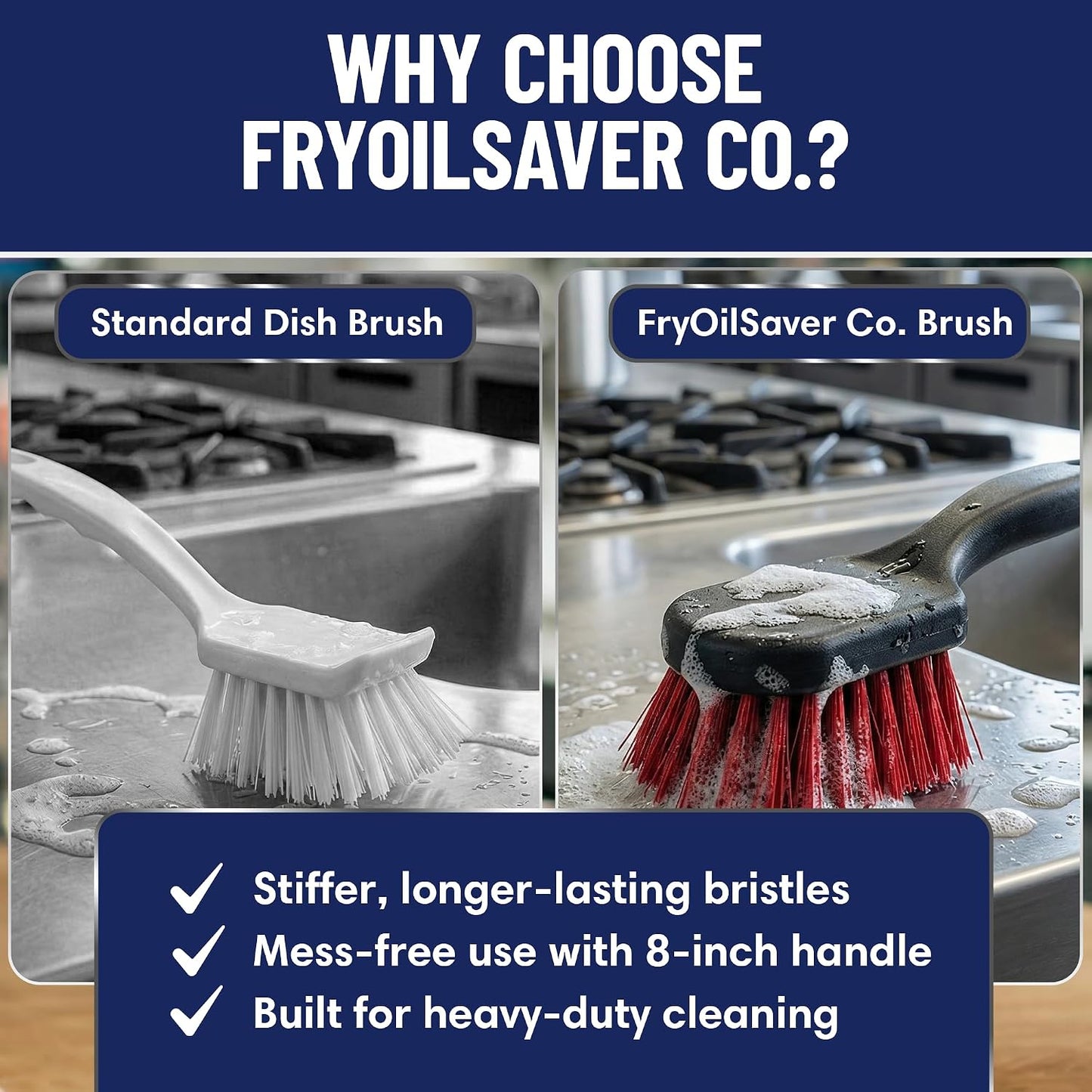 8 Inch Pot & Dish Kitchen Scrub Brush for Heavy-Duty Cleaning – Stiff Bristle Scrubber for Sink, Cast Iron, and Grill Grates - Kitchen Dish Scrubber Brush - 90048 by FryOilSaver Co.