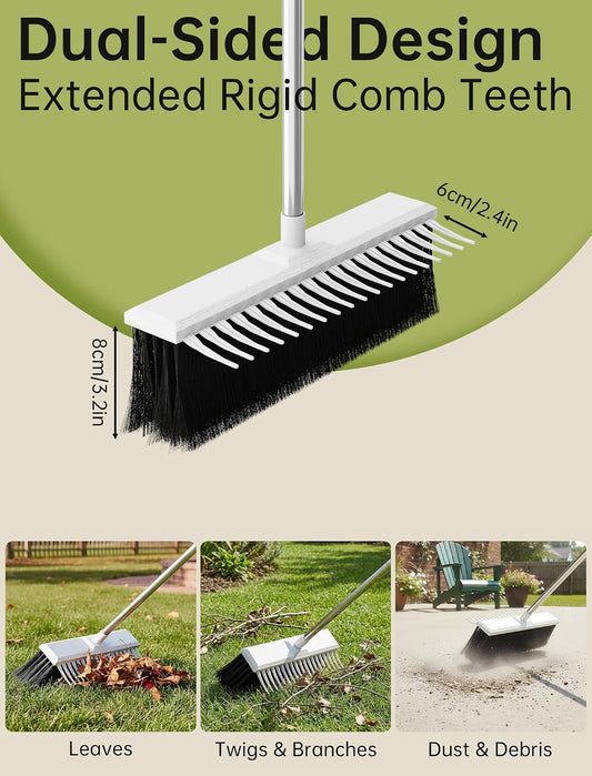 NiHome Heavy-Duty Outdoor Yard Broom with Rake Edge, 63-Inch Adjustable Stainless Steel Pole, 16” Wide Head for Lawn, Deck & Hard Floor Cleaning