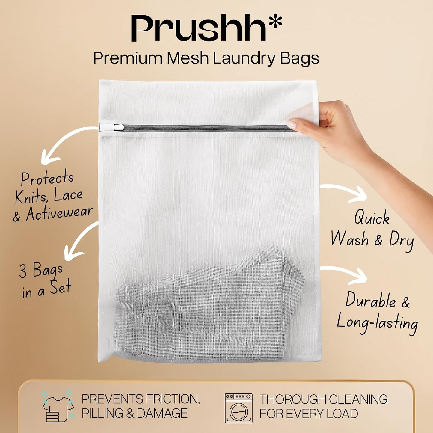 3Pc Spacious Durable Mesh Laundry Bags (16x20 Inches) Protects Delicates, Fine Mesh for Uniform Wash & Dry, Auto-Lock Zipper, Washer-Friendly, For Home, Dorm or Storage, Fits Socks to Sweaters
