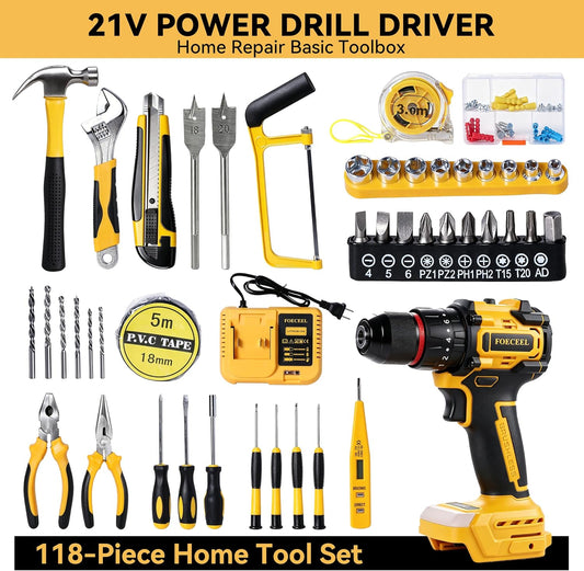 21V Brushless Cordless Drill Set, 35N.m Max Torque | 118Pcs Household Tool Kit, 2×21V 2.0Ah Batteries, Fast Charger, 2 Variable Speed, 20+3 Clutch Settings, Home Repair, DIY Gift