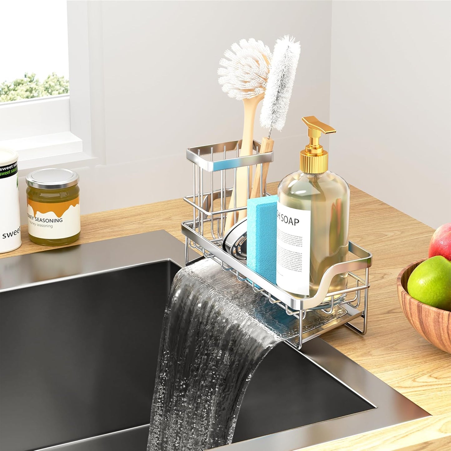 Consumest Sponge Holder for Kitchen Sink - Sink Caddy with Stainless Steel Self Drain Tray, Sink Organizer with High Brush Holder Countertop for Kitchen Sink Accessories, Black