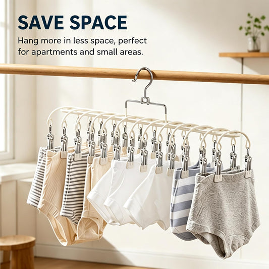 20 Clips Laundry Hanger with Strong Grip Clothespins, Space Saving Sock Drying Rack for Underwear Baby Clothes Towels, Hanging Laundry Organizer for Indoor Outdoor Use(White)