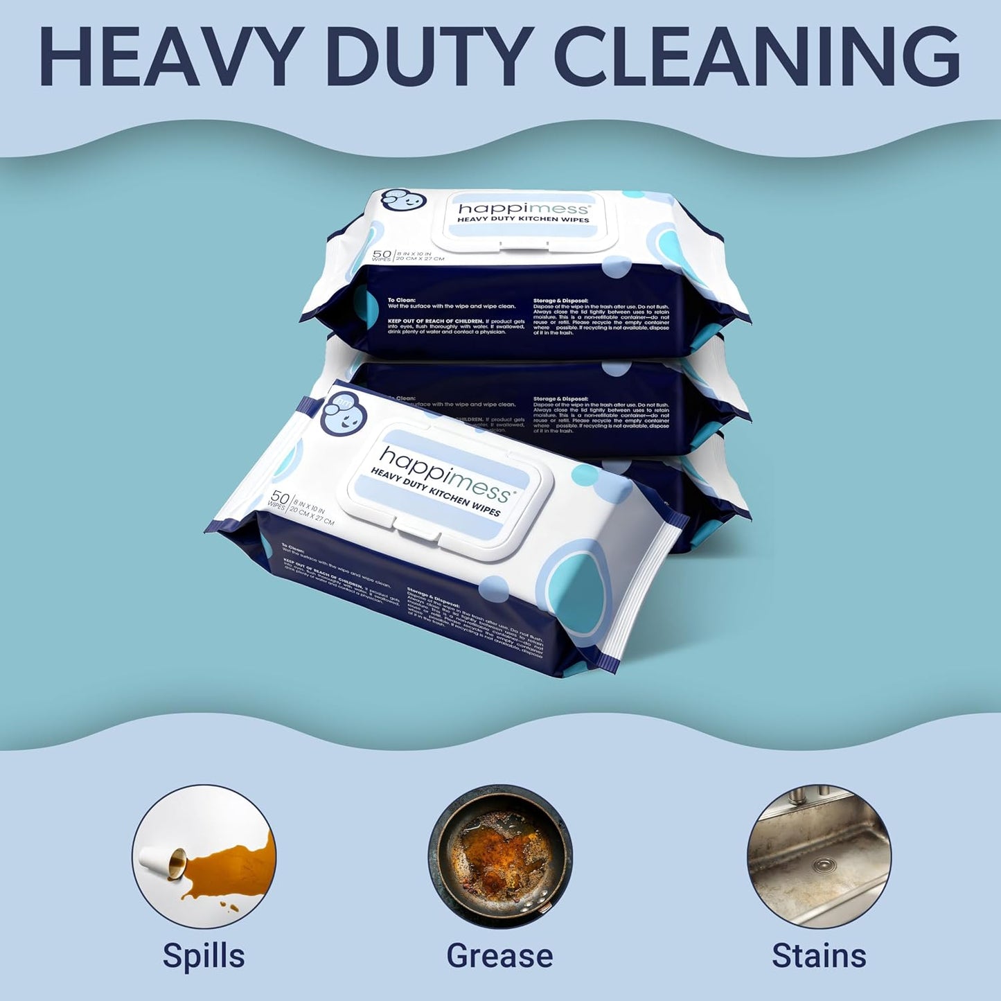 happimess WPE1003A Reusable Heavy Duty Kitchen Wipes, Strong & Durable Multi-Surface Cleaning Cloths for Counters, Stovetops & Grease, Streak-Free & Unscented, 50 Count, 8" x 10"