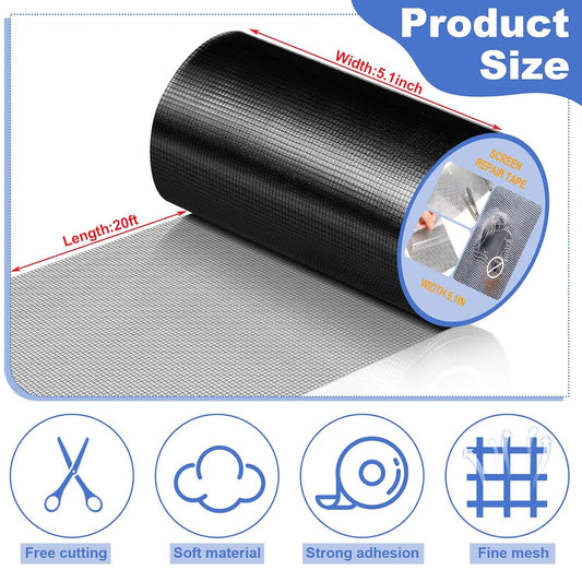CroBlissful Extra Wide 5 inch x 20 ft Window Screen Tape Mesh Repair Strong Adhesive Waterproof Fiberglass Screen Repair Kit Patch for Window Door Tears Holes(Black)