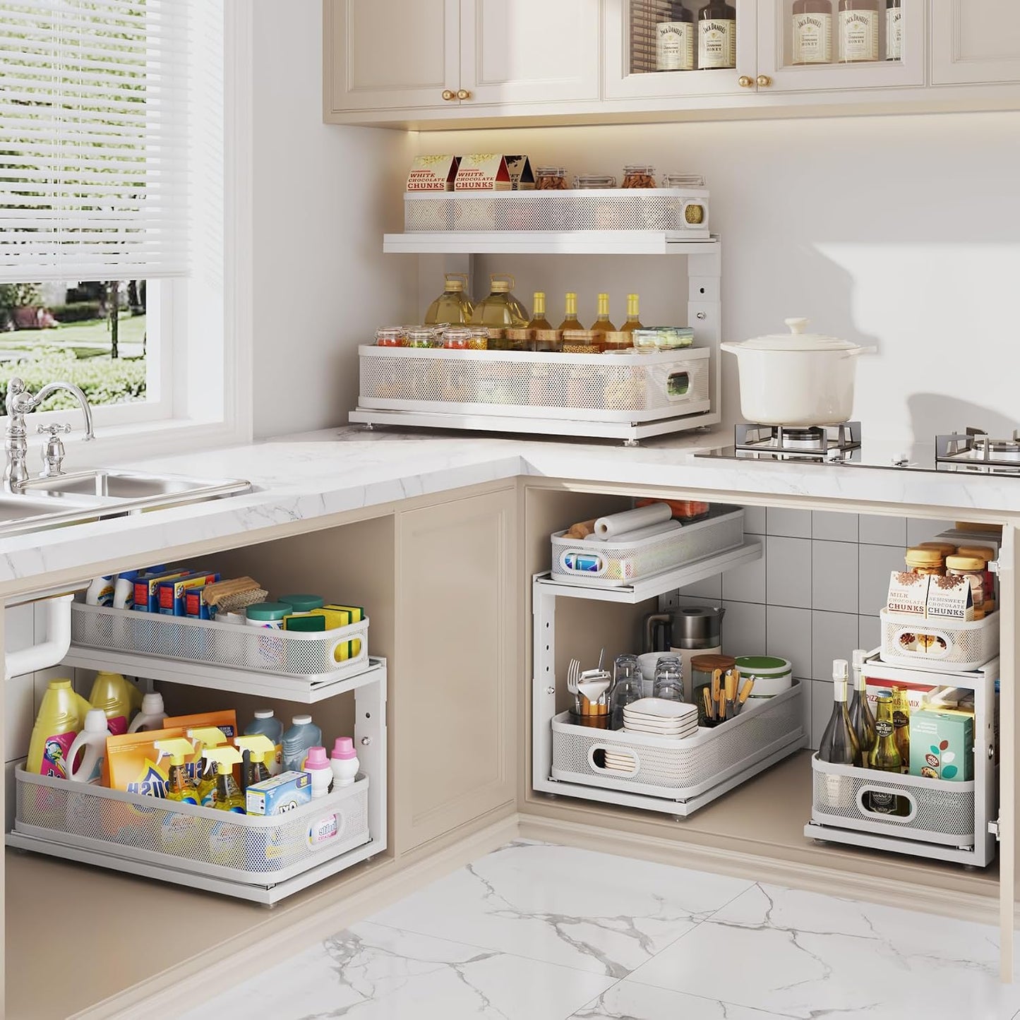 2 Pack 18.5IN-Depth Under Sink Organizer With Next-Gen Ball-Bearing Slides,2-Tier Precision Mesh Pull Out Cabinet Storage for Bathroom&Kitchen,Height Adjustable Drawers Shelf,Anti-rust-White