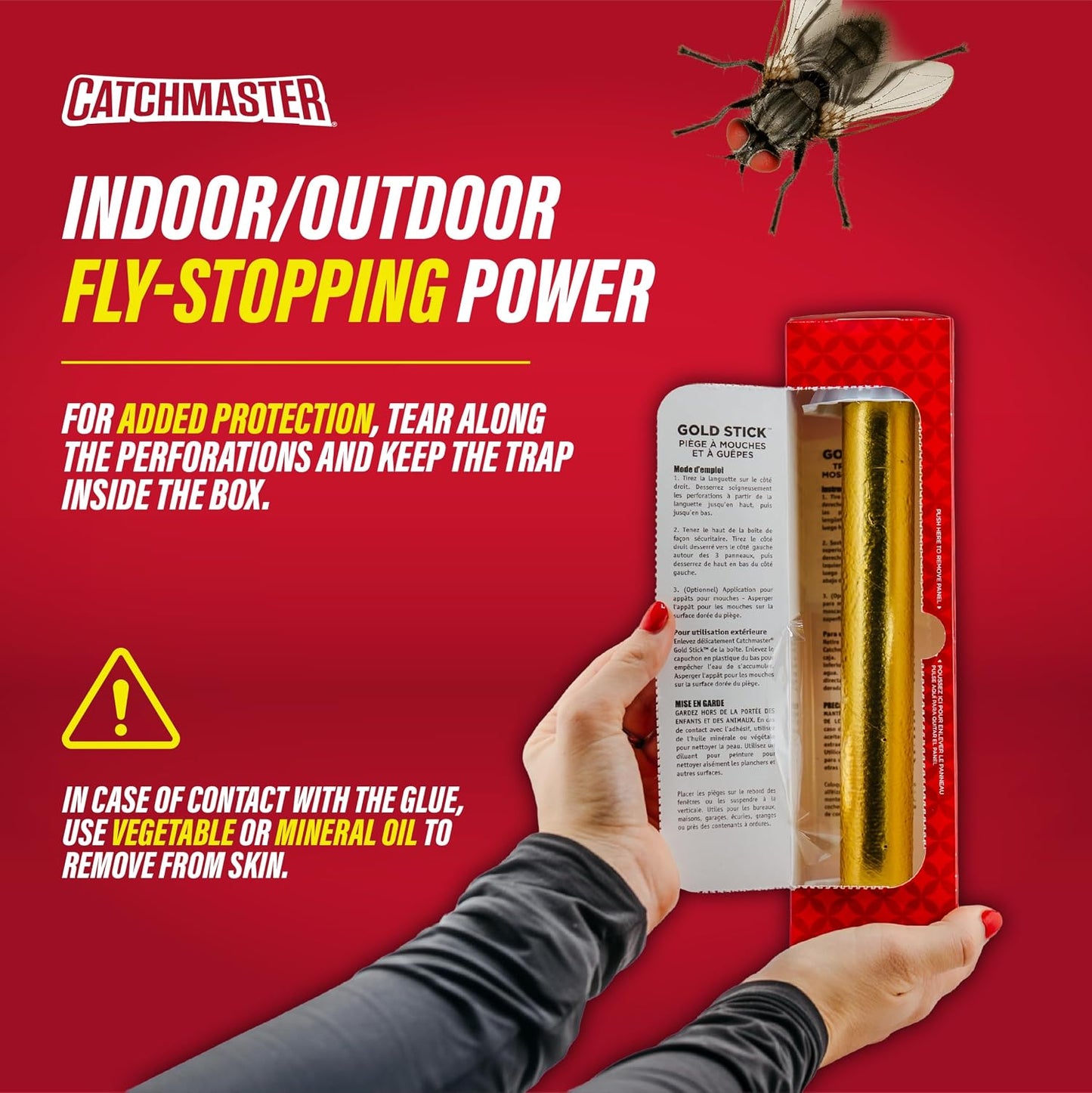Catchmaster Gold Stick 4-Pack, Sticky Hanging Fly Traps Indoor & Outdoor | Includes a food-based lure to draw flies; reflective gold foil; lay, stand, or hang; captures house flies, gnats & insects