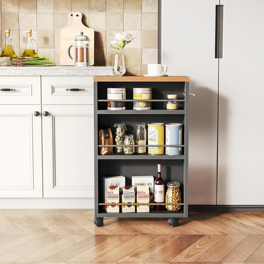 LITTLE TREE 4 Tier Rolling Cart with Wheels, 6.3 Inch Slim Storage Cart, Wooden Snack Cart with Narrow Shelf, White Laundry Room and Bathroom Organizer Shelves
