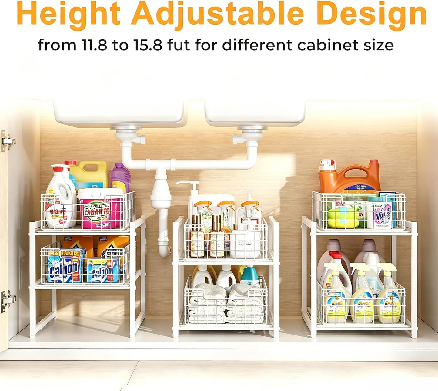 Under Sink Organizer, 2-Tier Pull Out Cabinet Organizer, Kitchen Bathroom Organizer and Storage, Spice Rack for Kitchen, Multi-use Sliding Drawers Shelves, Pack of 2