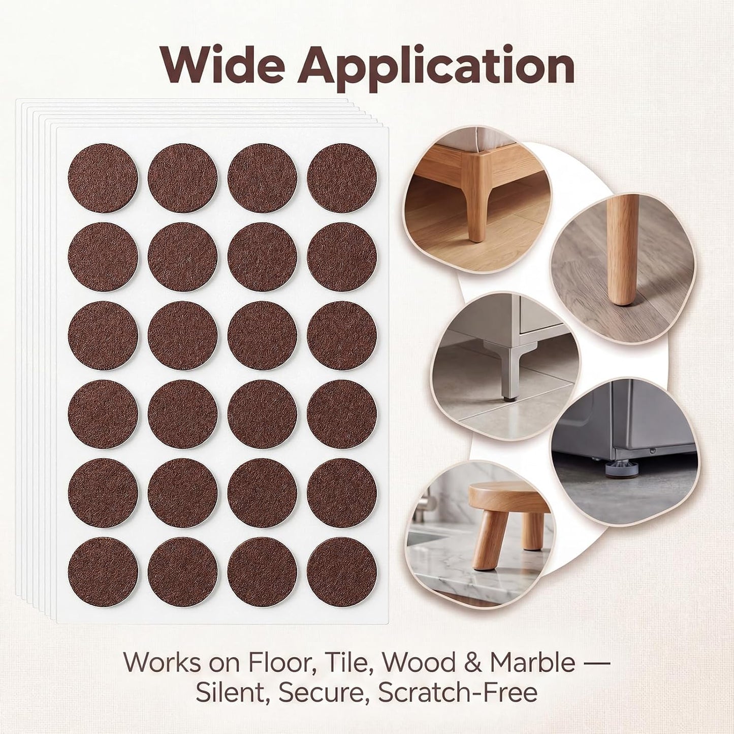 192 Pcs Brown Felt Chair Pads, 0.87in Diameter Self-Adhesive Round Felt Pads for Chair Legs for Furniture Kitchen Doors Floor Drawers Cupboards