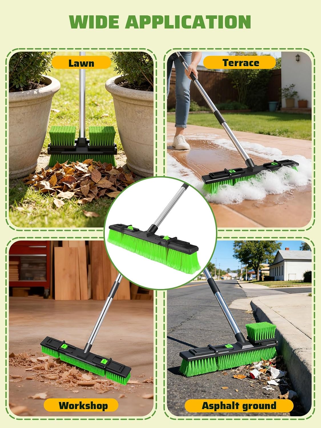 18”/45cm Large Wide Adjustable Heavy Duty Outdoor Push Broom Stiff Brush Head with 4 Section Threaded Handle 60"/152cm for Warehouse Driveway Garage Patio Sidewalk Floor Dirt Workshop Deck Cleaning