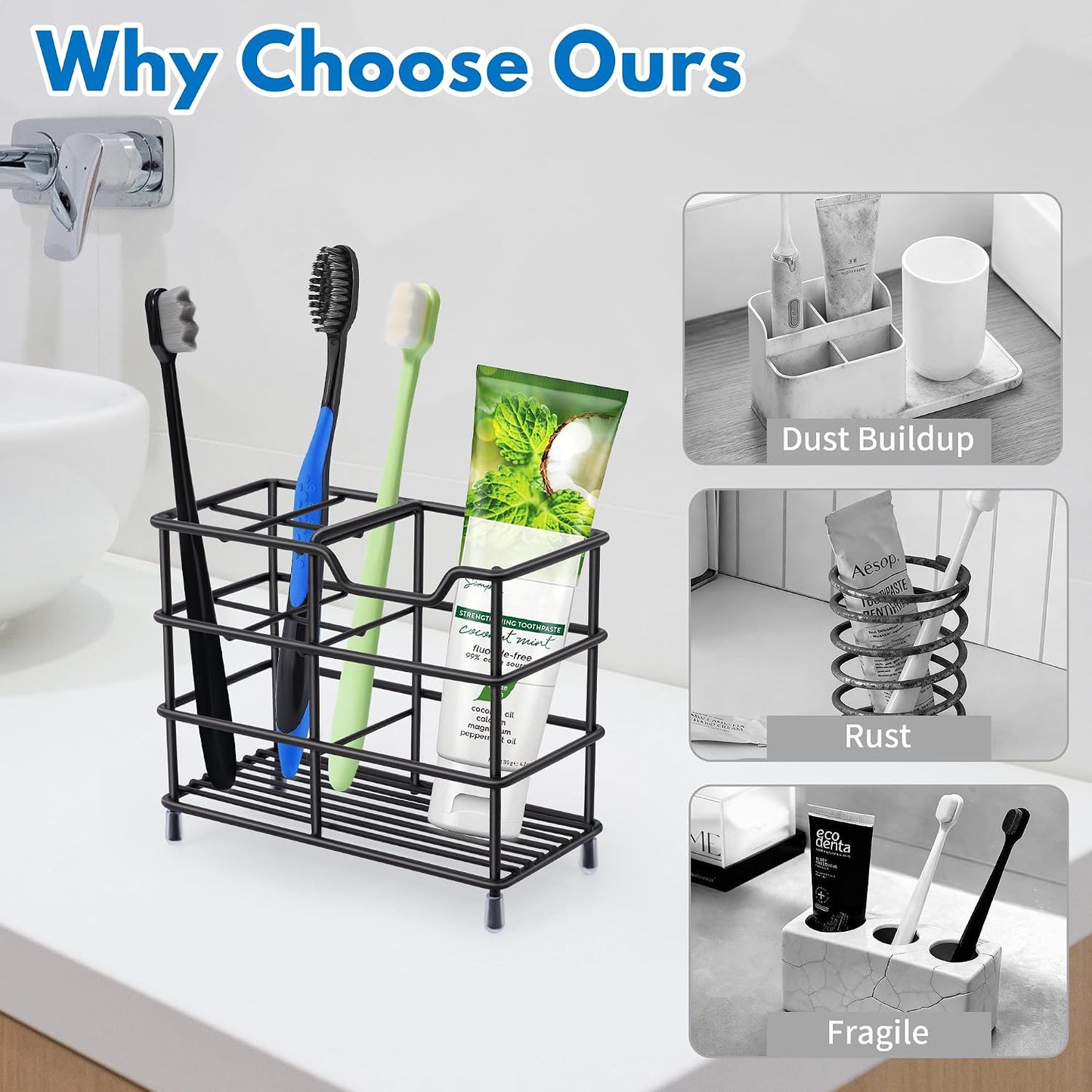 Urbanstrive 304 Stainless Steel Bathroom Toothbrush Holder Toothpaste Holder Stand Bathroom Accessories Organizer (Black, Small)