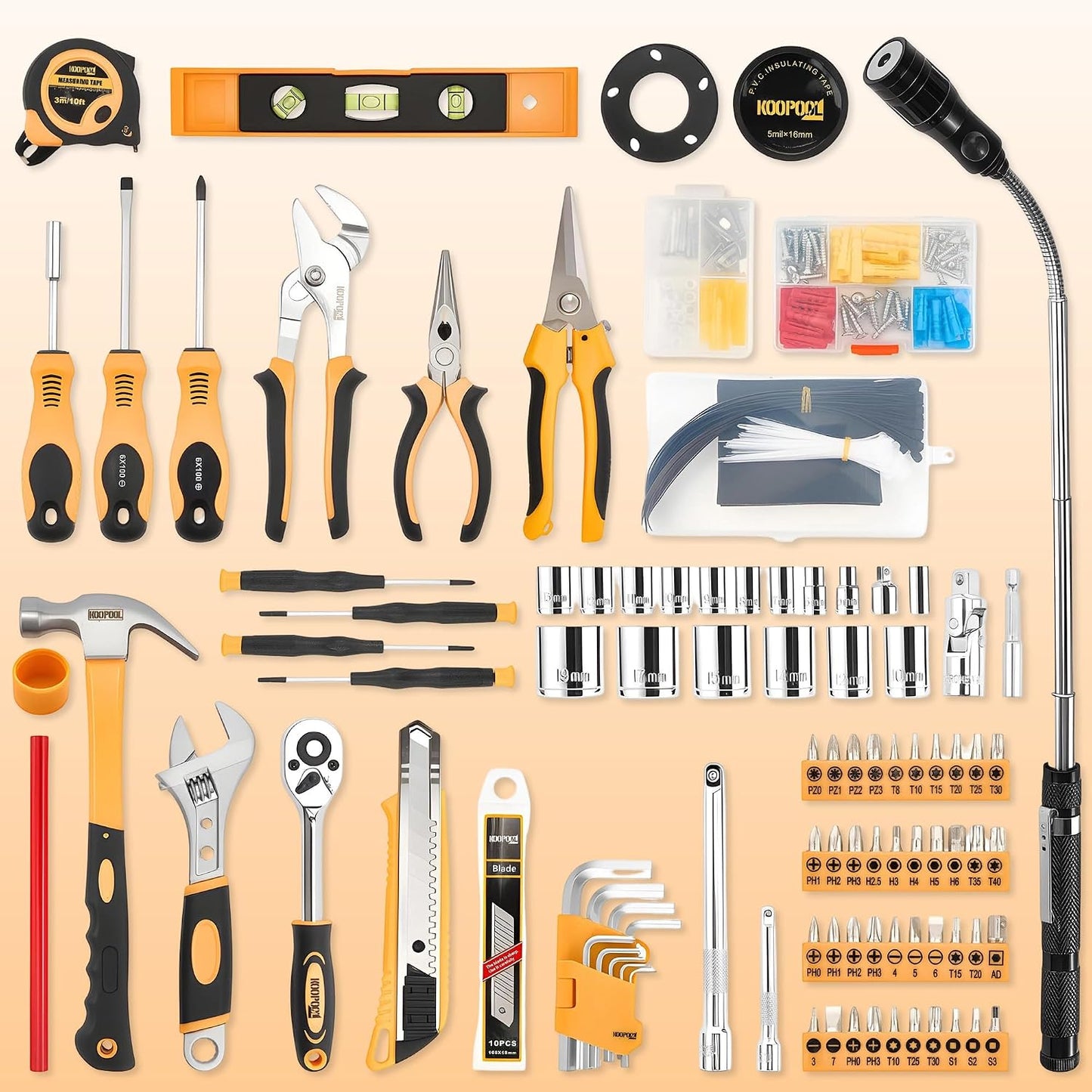 KOOPOOL Tool Set, Tool Box Kit for Mechanic and Car, General Household Home Tool Kit, Basic Tool Kit for Home Auto Repair, with Storage Case
