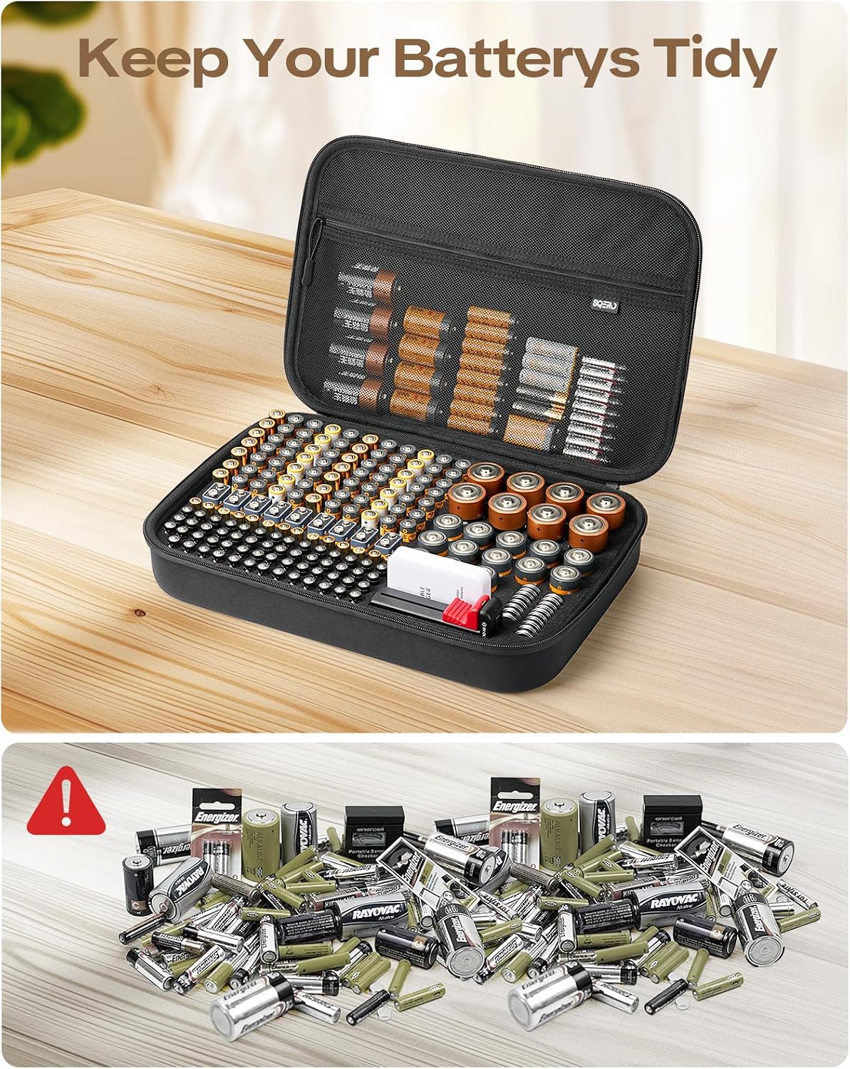Battery Organizer Storage Case Box with Emergency Power Bank - Convert 4 AA Batteries to Phone Charger with Tester BT-168 PRO for AA AAA C D 9V CR2032 3V, Safe Battery Holder Holds 200+ Batteries