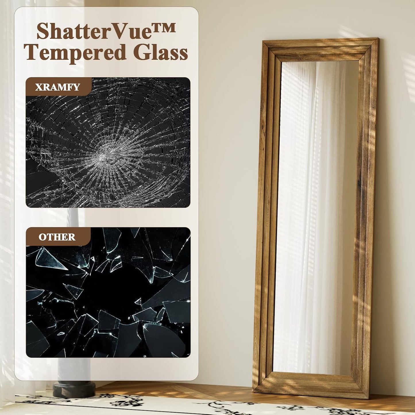 XRAMFY Full Length Mirror 65" x 22", Large Floor Mirror with Solid Wood Frame, Rectangular Style, Freestanding Wall Mounted or Leaning for Bedroom Living Room Entryway, Brown