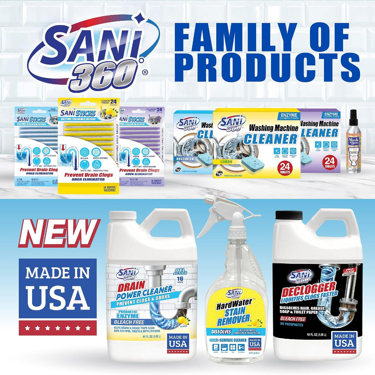 Sani 360 Drain Power Cleaner, Enzyme Probiotic Odor remover, Drain and Garbage Disposal Cleaner, Flush Away Grease, Soap Scum, Lemon scent Septic safe. Save Money on Plumbing, 16 uses, Made in the USA