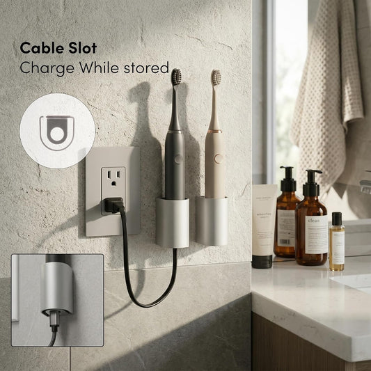 xympo Aluminum Electric Toothbrush Holder (2-Pack) – Wall Mount with Charging Cable Slot – Self Adhesive, Minimalist Design, Fits Most Electric Toothbrushes
