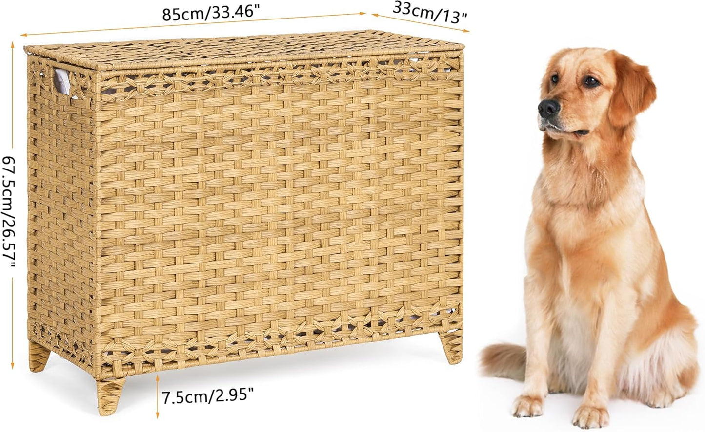 Laundry Hamper with 3 Removable Liner Bags; 132L Handwoven Rattan Laundry Basket with Lid & Heightened Feet; Clothes Hamper with Side Handles; Laundry Sorter with 3 Separate Sections