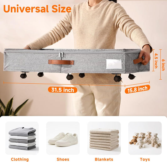 6 Inches Under Bed Storage with Wheels Pack of 2, Underbed Shoe Storage Container Bin with Clear Lid Cover, Rolling Under Bed Drawer Storage Bag Basket for Shoe Organizer Sheet Sweater - White