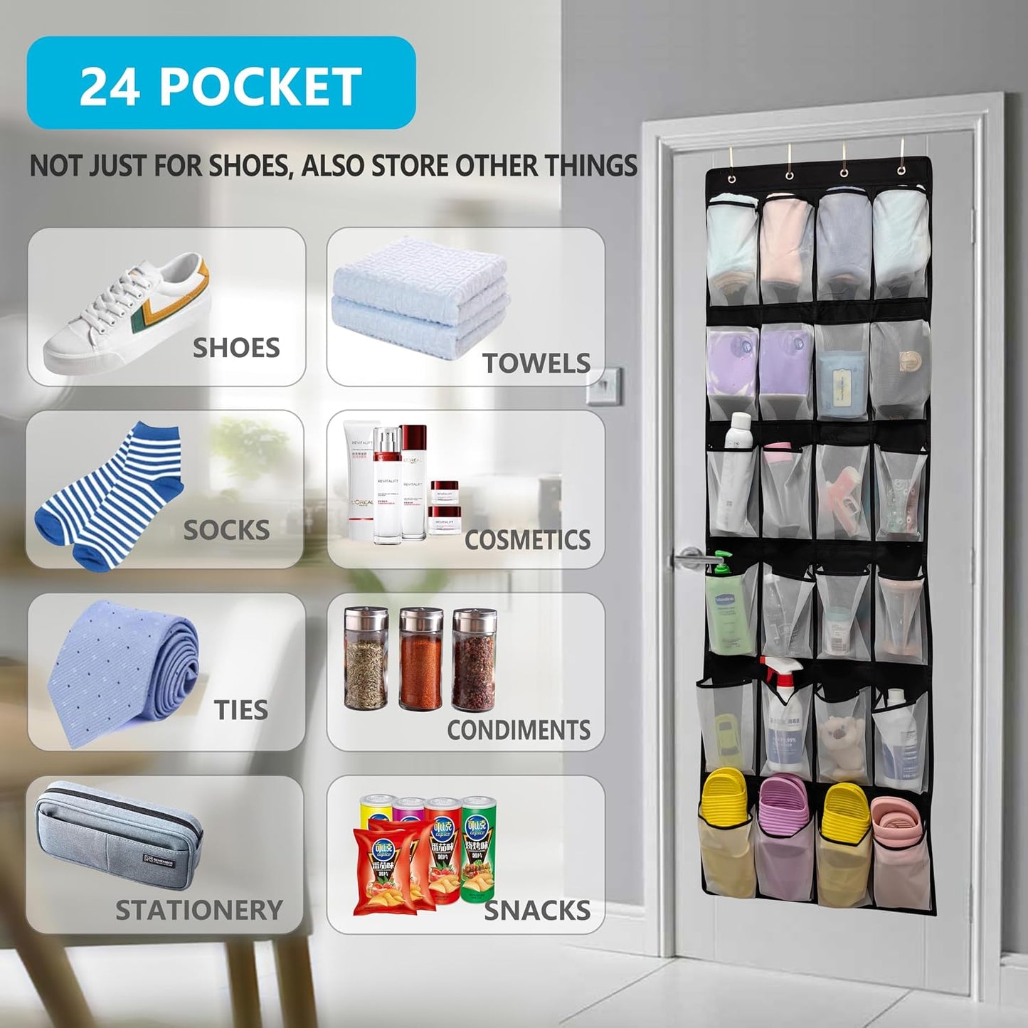 Over The Door Shoe Organizer with 24 Large Breathable Mesh Pockets Sturdy Closet Door Shoe Storage Holder Hanging SimpleHouseware Men Women Kids Shoe Holder for Rack (Black)