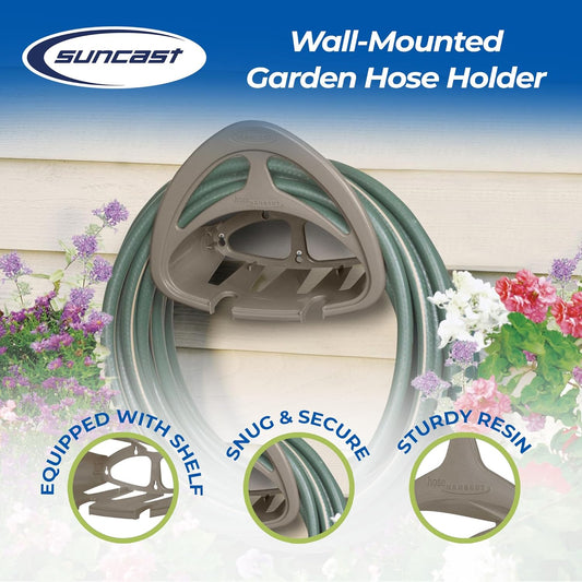 Suncast 2 Pack Hangout HH150 Outdoor Wall Mounted Durable Resin Garden Hose Holder with Accessories Shelf, Designed for 150 Foot Garden Hoses, Taupe