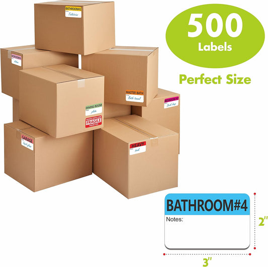 Hebayy 500 pcs 20 Designs Pre-Printed Color-Coded Home Moving Packing Box Labels with Writable Notes Areas, Each Measures 2” x 3”