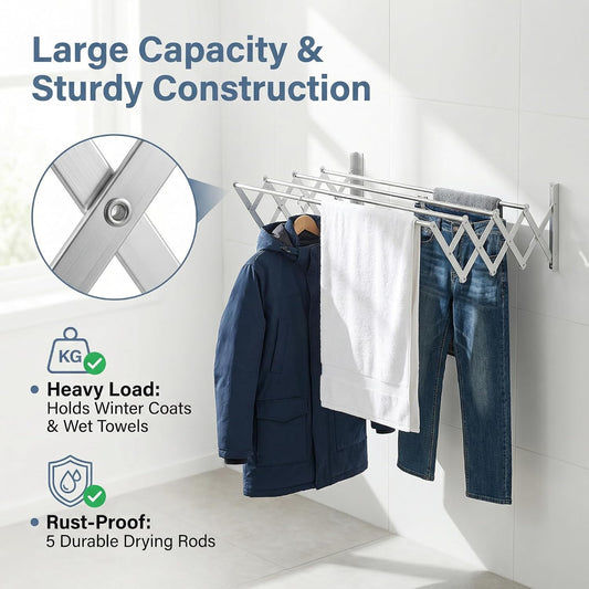 Laundry Drying Rack Wall Mount - Towel Rack Collapsible, Retractable Drying Rack Easy Install Space Saving with 5 Drying Rods