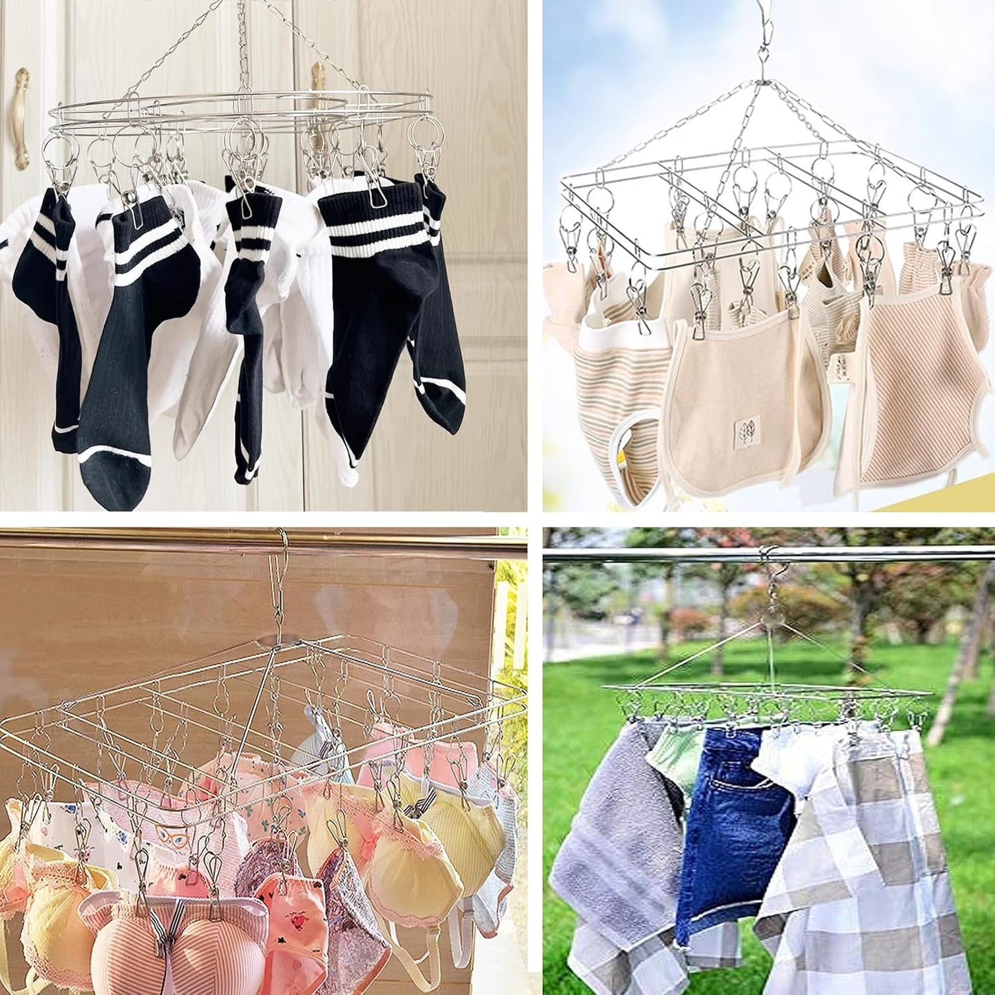 Stainless Steel Sock Drying Rack with 20 Clips, Space-Saving Dryer Rack with Pegs for Socks, Towels, Bras, Underwear Etc. Small Laundry Items
