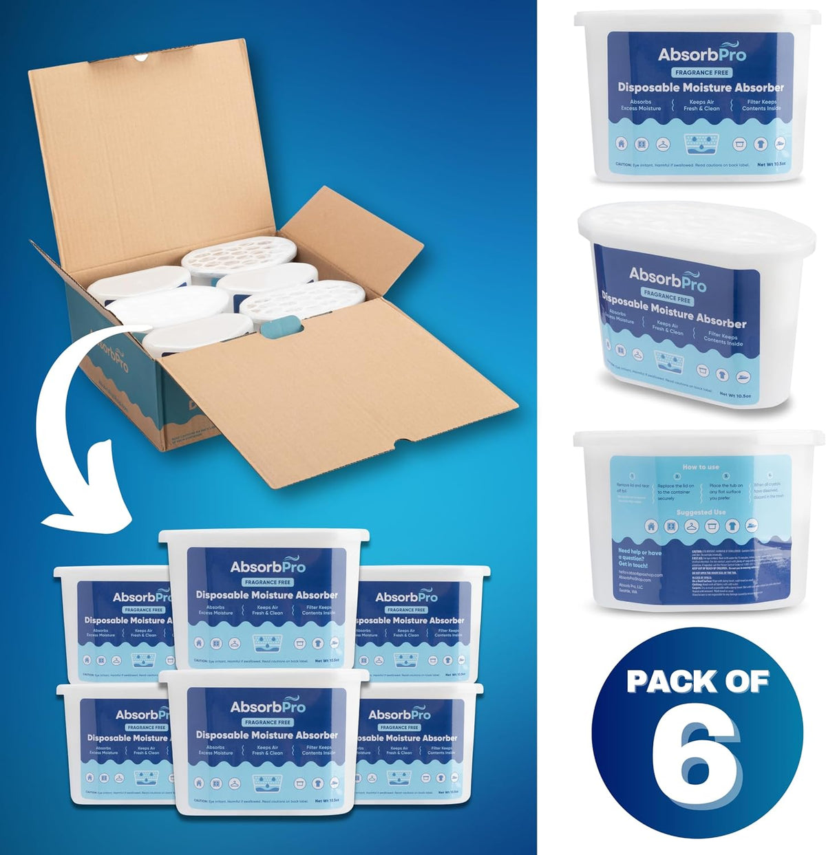 Absorb Pro - Moisture Absorber Tub with Activated Charcoal - 3-Pack - 18 oz Disposable Odor Eliminator Box & Dehumidifier for Garage, Home, Kitchen, Bedroom, Bathroom, Closet, Cars, and Boats