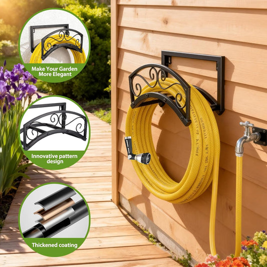 BOLITE Garden Hose Holder Wall Mount, Heavy Duty Metal Water Hose Holder with Basket for Outside, Hose Storage Holds 150FT Water Pipe for Yard, Lawn, Garden, Farm, Gifts for Women Men