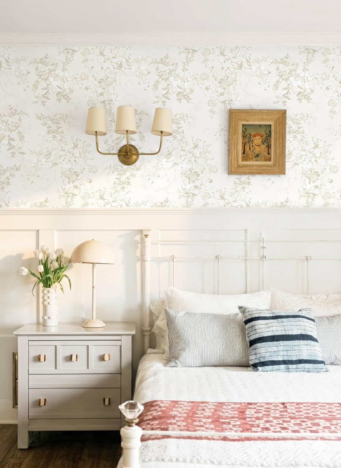Dimoon 17.3''x78.7'' Vintage Peel and Stick Wallpaper Boho Beige Neutral Contact Paper White Floral Bird Wallpaper Removable Botanical Renter Friendly Modern Wall Paper Bedroom Bathroom Vinyl Roll