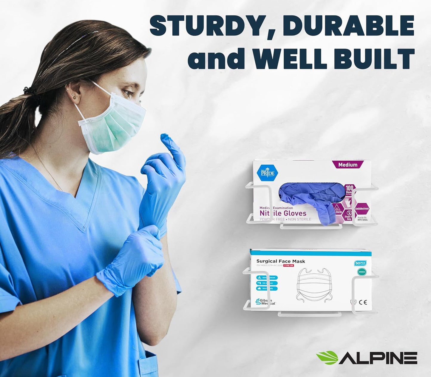 Alpine Industries Single Box Wire Wall Mount Glove Dispenser - Mounted Organizer Rack for Disposable Surgical Glovebox & Tissue Boxes - Hanging Lab & Kitchen Storage (White, 1 Box)
