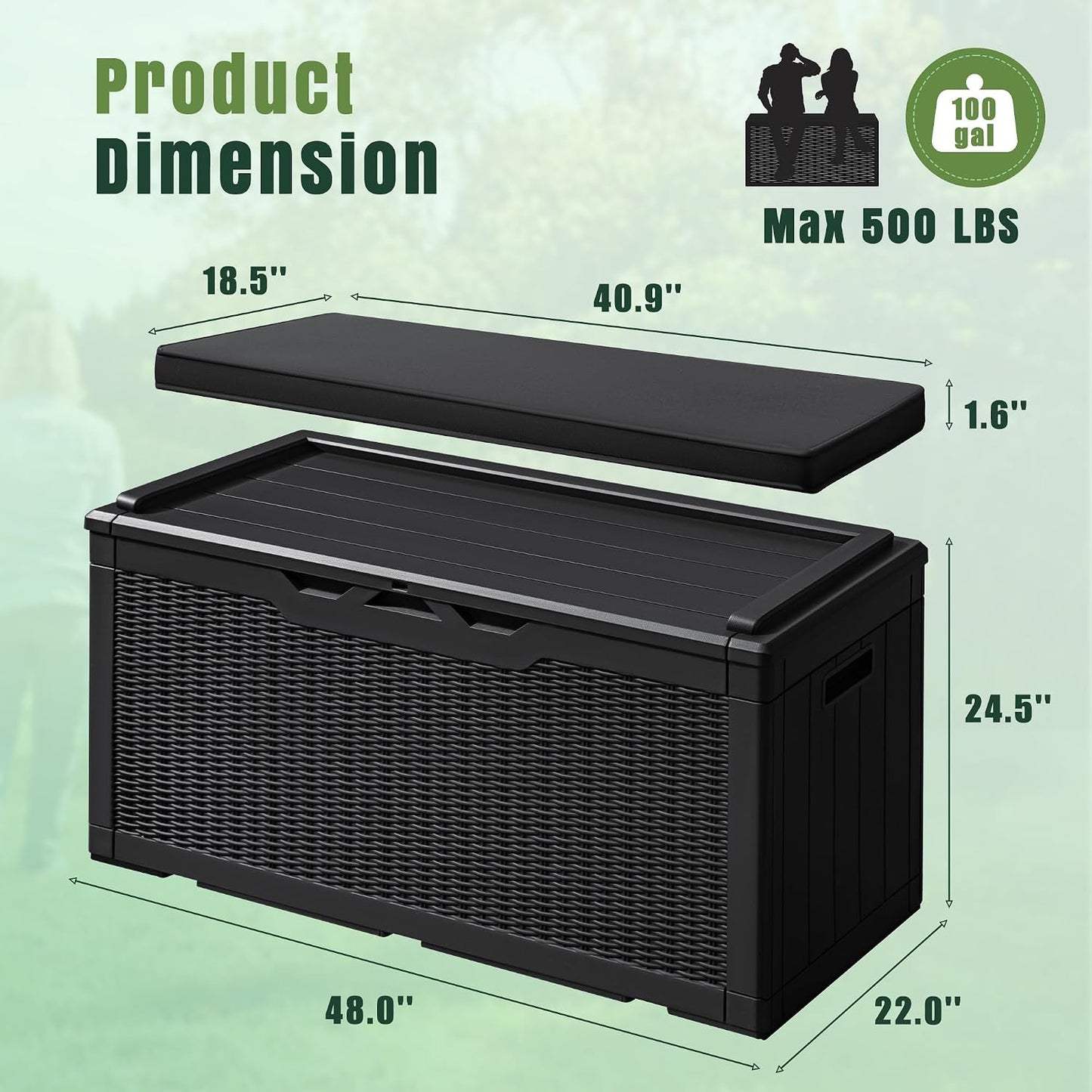 Greesum 100 Gallon Resin Deck Box Large Outdoor Storage with Cushions for Patio Furniture, Garden Tools, Pool Supplies, Weatherproof and UV Resistant, Lockable, Black