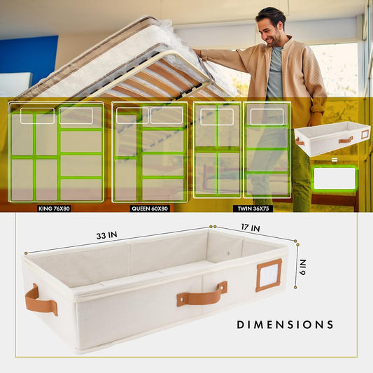 HOMELUX THEORY 2pc Low Profile Under Bed Storage Containers, Thin Under Couch Storage Organizer with Bins & Lids, Underbed Storage Box Ideal for Seasonal Clothes, Blankets, Fabric & Shoes (Ivory)