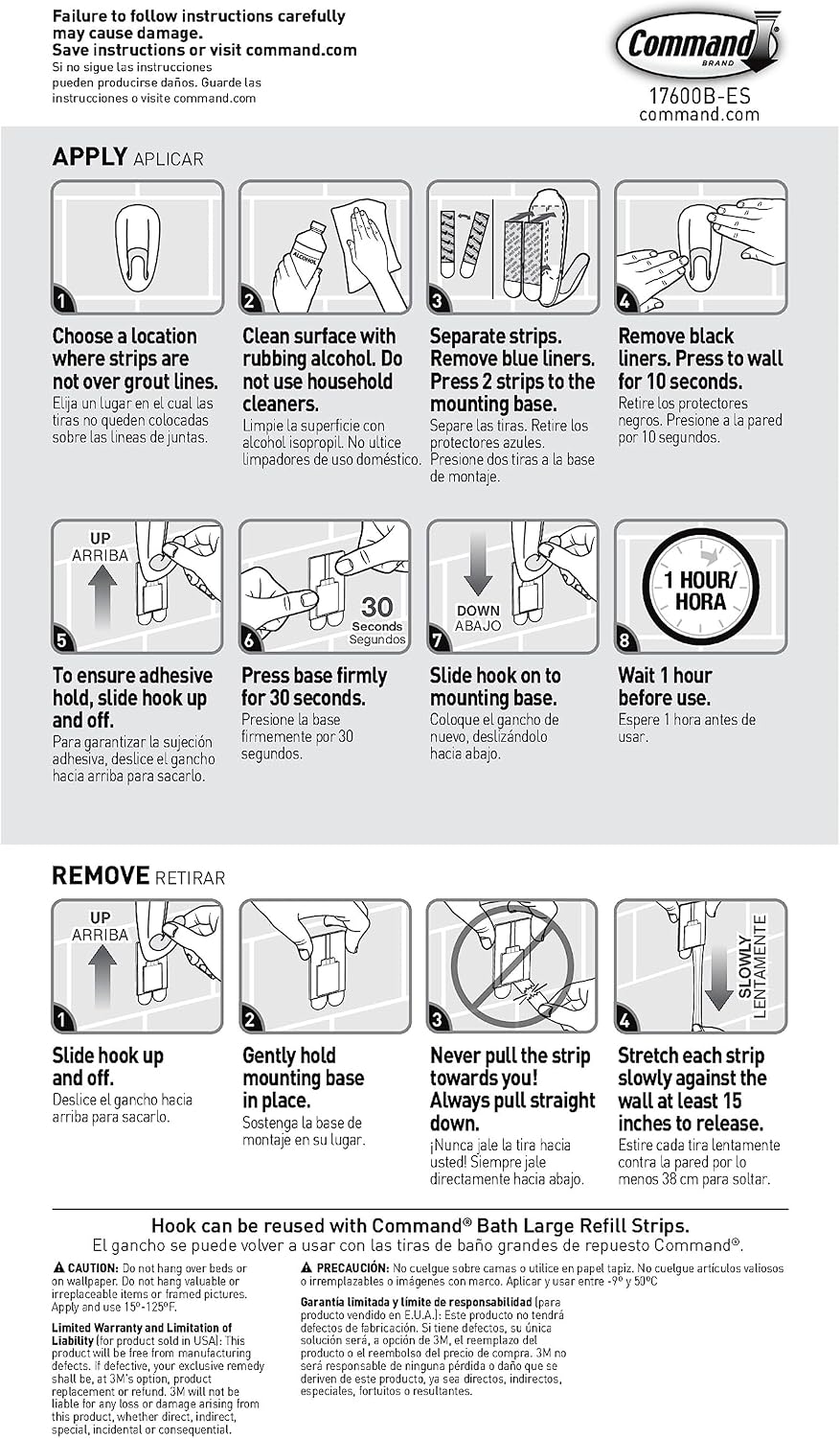 Command Bathroom Hook with Water-Resistant Strips, 1-Hook, 2-Strips, Organize Damage-Free