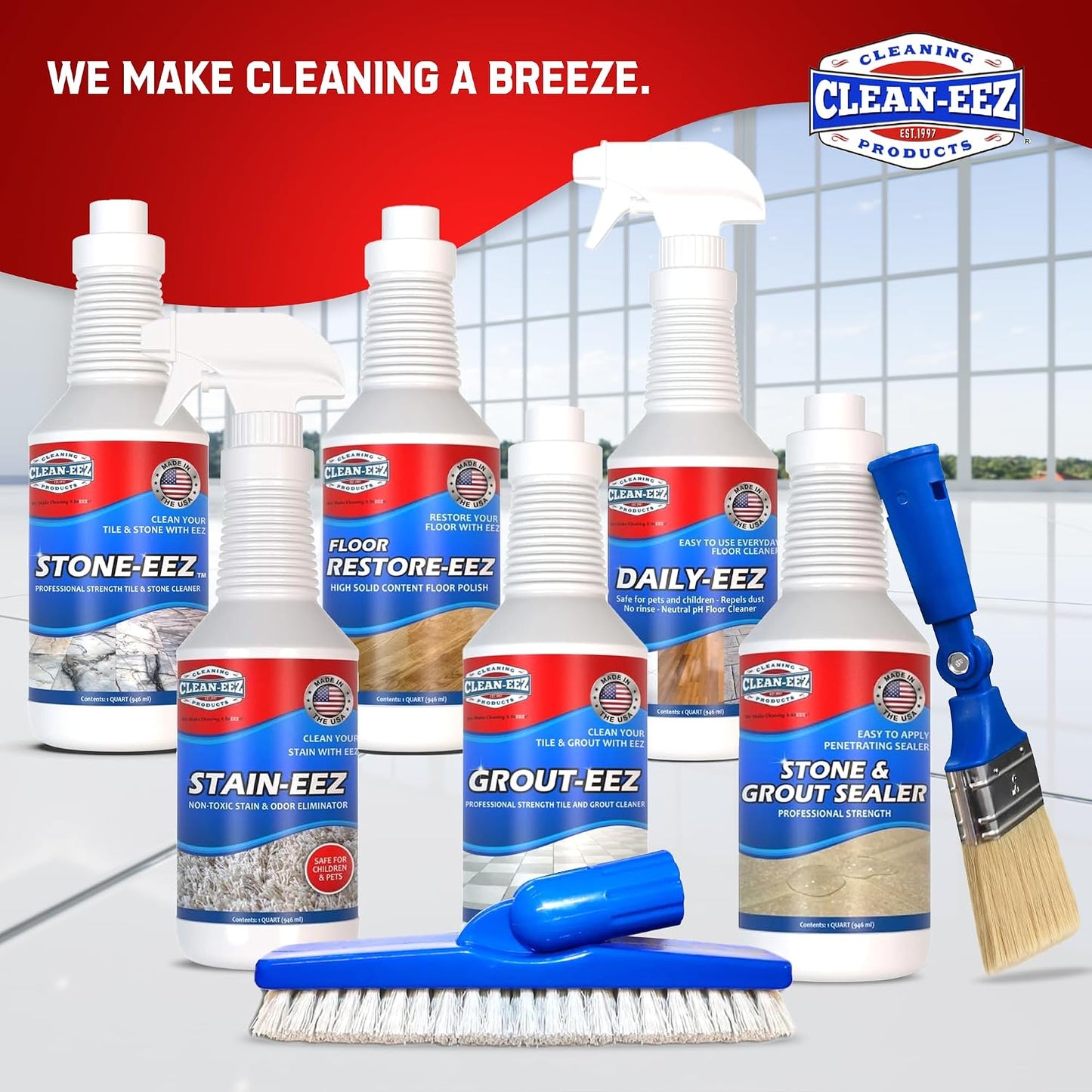 Clean-EEZ Grout Brush Combo Kit - Stand Up & Handheld V-Shaped Brushes with Curled Bristles - Easy Grout Cleaning Without Bending - Perfect for Tile, Showers & Hard-to-Reach Spots - Durable
