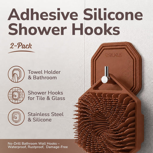 SILKLE Adhesive Silicone Shower Hooks - Adhesive Wall Hooks & Towel Holder for Bathroom, Tile, Glass, No-Drill, Waterproof & Rustproof, Heavy-Duty Stainless Steel, Damage-Free Removal - 2 Pack, Brown