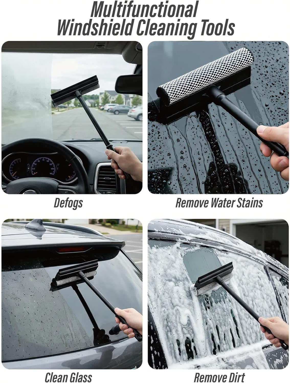 2 in1 Window Squeegee for Car, Window Cleaning Tool with 16inch Long Handle,Sponge Car Window Squeegee for Gas Station, Glass,Shower,Outdoor High Window Cleaning