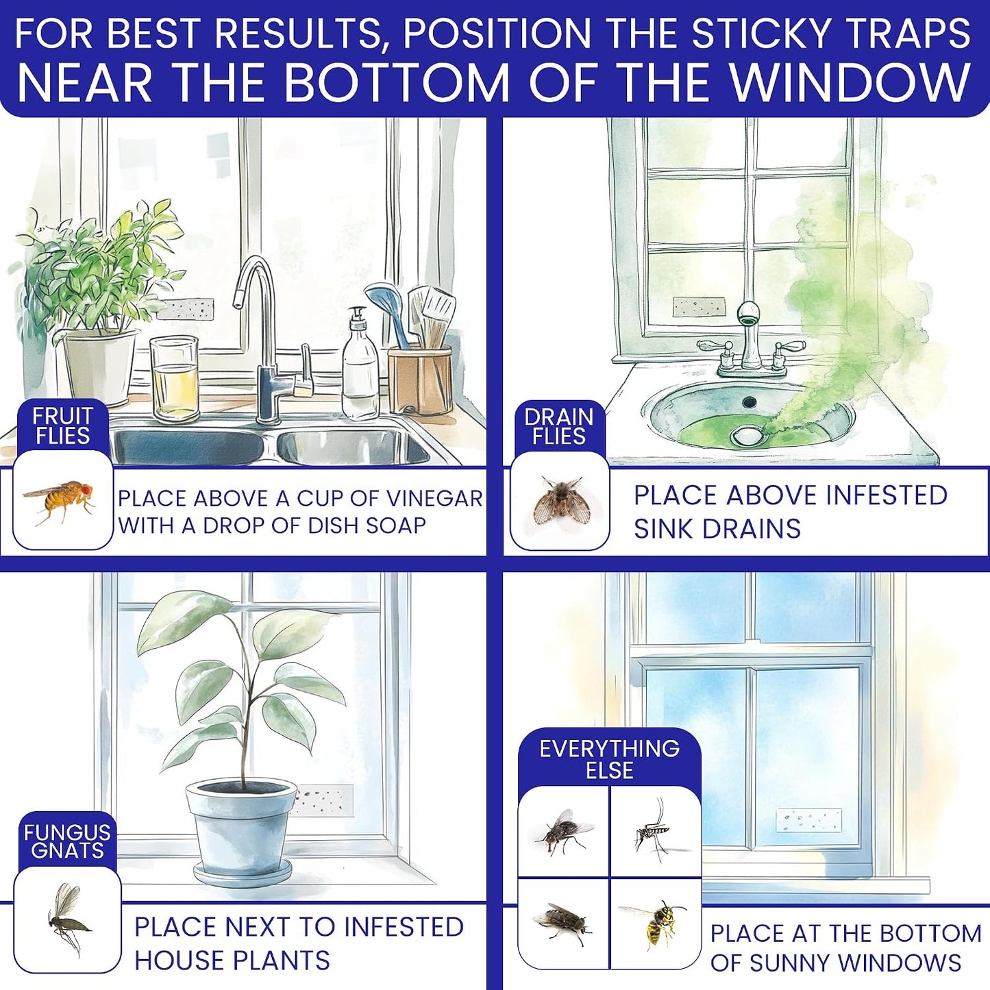 50 Window Fly Traps Sticky Non-Toxic Clear Fly Paper Indoor for Home. No Mess Flies Window Sticky Traps Bug Flies Strips Indoors. Fruit and Housefly Trap Indoor Flypaper Tape Gnat Catcher Killer.