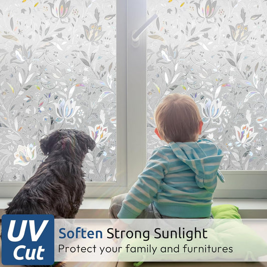 rabbitgoo Window Privacy Film, Decorative Stained Glass Window Film, Sun Blocking Glass Clings, Renter-Friendly Static Cling Frosted Sticker Covering for Home Door, Rainbow Tulip 17.5" X 78.7"
