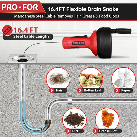 Drain Auger, 16.4FT Plumbing Snake Drain Clog Remover, Manual & Drill Powered Drain Snake for 0.75–2 Inch Pipes, Sink, Shower, Bathtub, Toilet, Kitchen Drain Cleaner Tool with Steel Cable