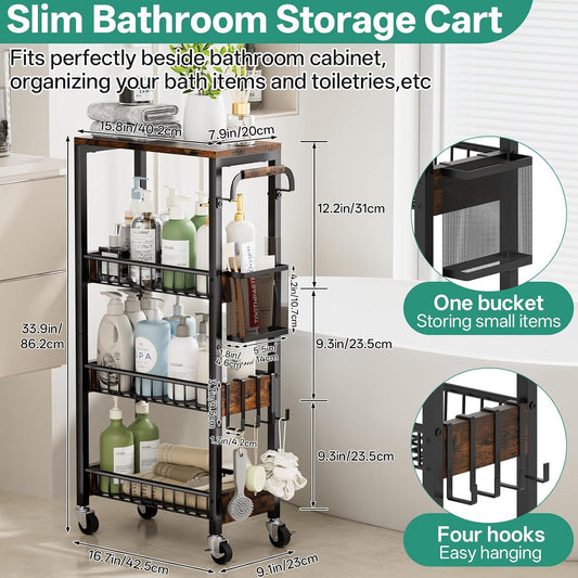 DTUQYX Slim Rolling Storage Cart, 4 Tier Small Organizer Cart with Wheels, Metal Utility Shelf Kitchen Bathroom Laundry Room Organization Trolley with Handle for Narrow Space (9.1" W Metal Basket)