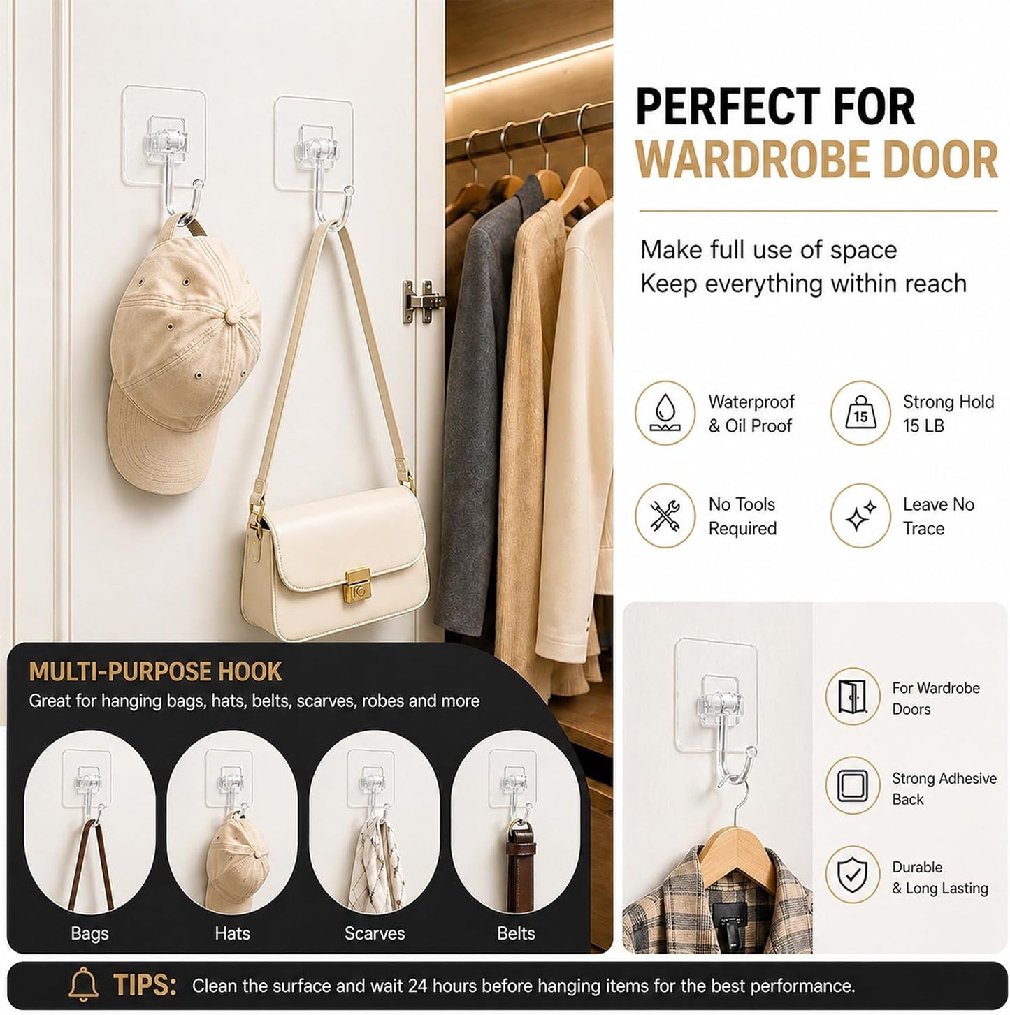 Heavy Duty Adhesive Hooks 60lb Max, 12 Pack Wall Hooks, Strong Stick On Hooks Traceless Waterproof & Rustproof for Bathroom Kitchen Home Hanging (12, Clear)